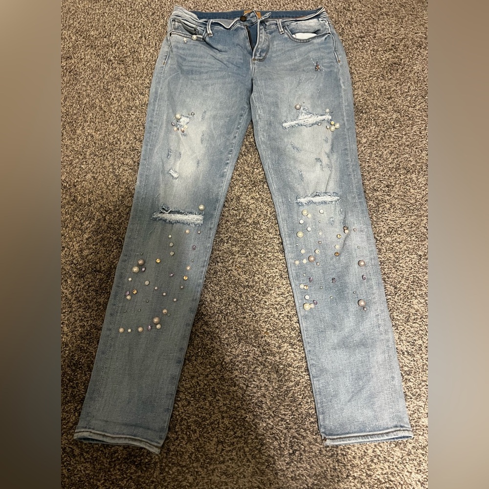 DRIFTWOOD Light Blue Straight Leg Jeans with Pearl Embellishments